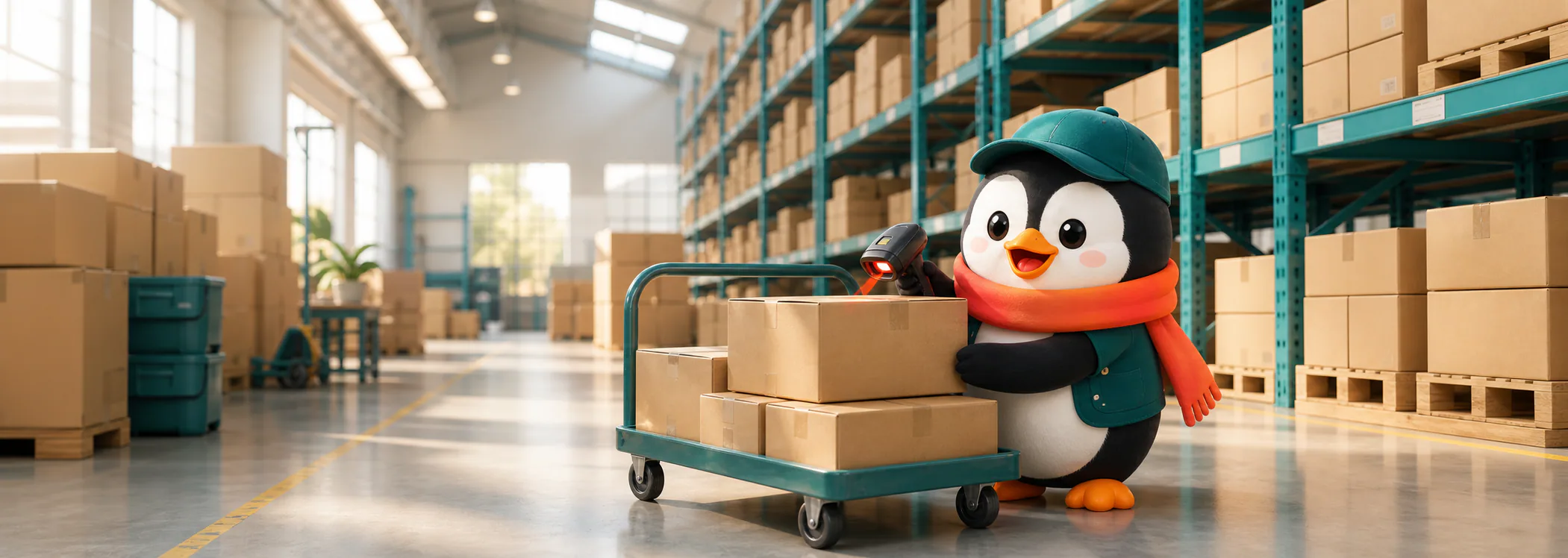 Himi quét kiện hàng trên xe đẩy trong kho logistics