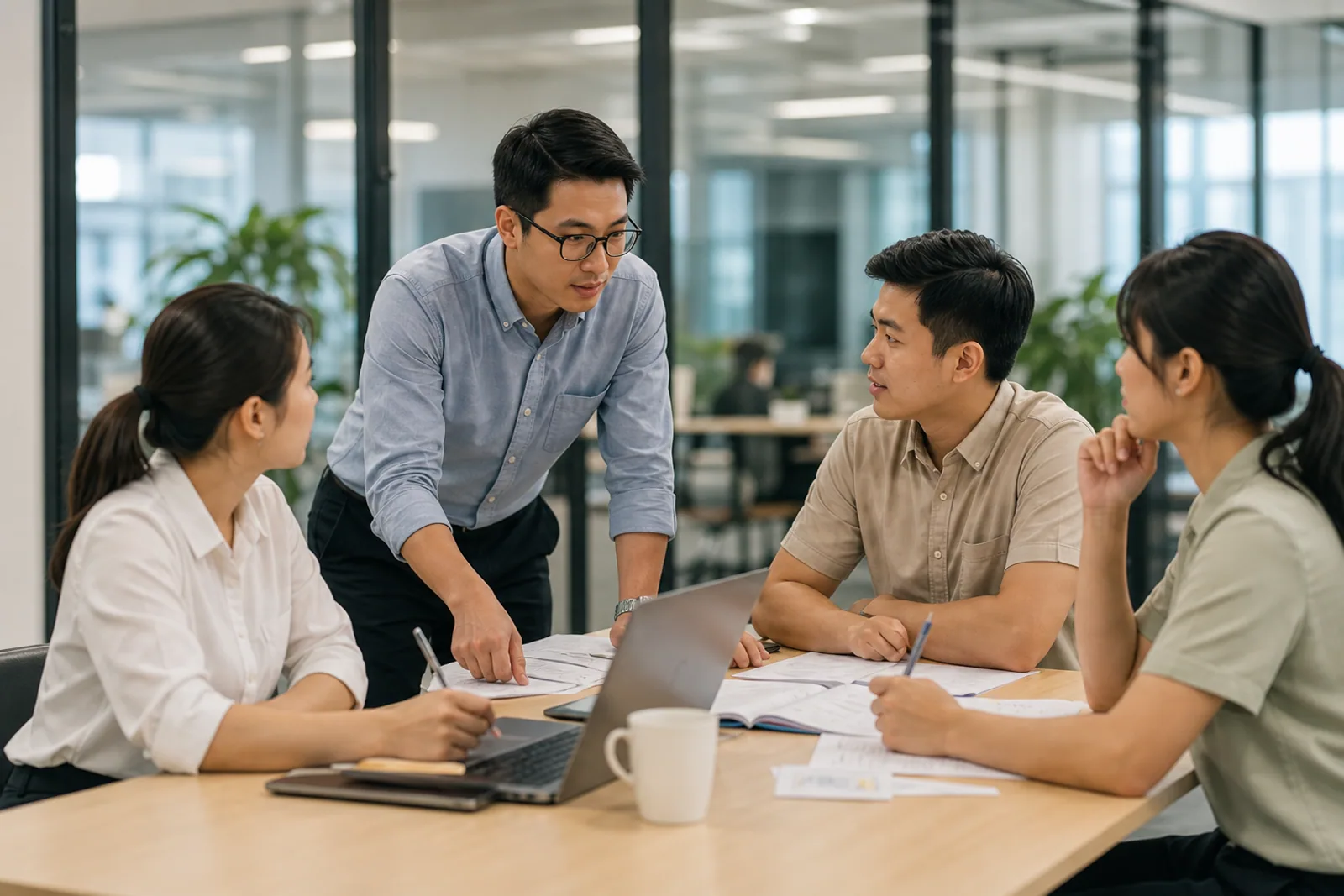 Đồng nghiệp trao đổi trong bối cảnh văn phòng